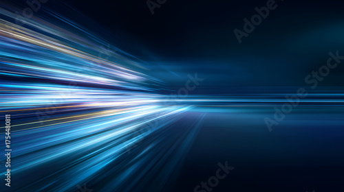 Dynamic streaks of blue and gold light create a sense of speed and futuristic motion, suggesting technological advancement and energy flow.
