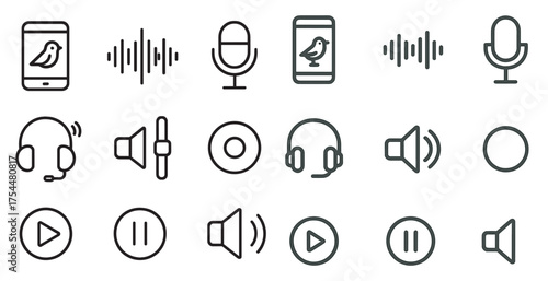 Music and audio outline icons set – line, linear, podcast and sound symbols