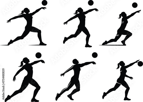 Female volleyball player silhouette, dynamic action poses, spiking and serving motion, sports training vector, athletic movement, black figure illustration, isolated design