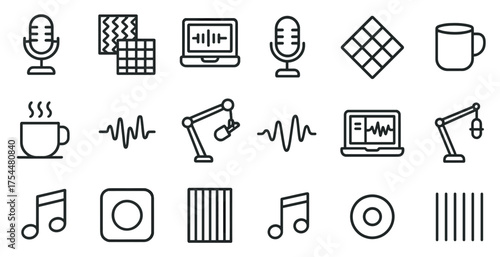 Podcast and music line icons set – linear, outline, audio and recording symbols