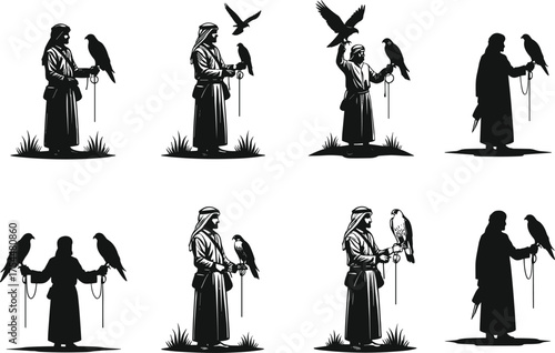 Falconry silhouette vector, Middle Eastern bird handler illustration, hawk training artwork, traditional robe icon set, cultural wildlife graphic, desert sport design