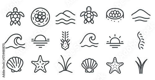 Marine and ocean line icons set – aquatic, outline, sea life symbols
