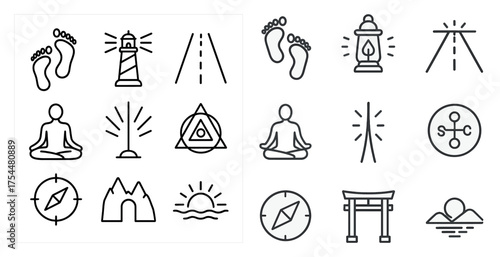Meditation and zen outline icons set – linear, line, peaceful and relaxation symbols