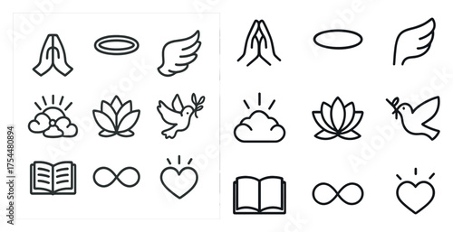 Spirituality and faith icons set – outline, linear, meditation and peace symbols