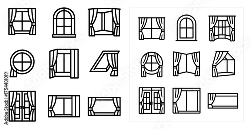 Window and curtain outline icons set – decor, home furnishing symbols