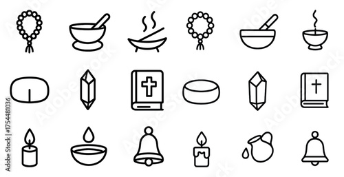 Religious outline icons set – faith, worship, spiritual symbols