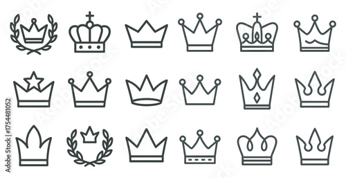 Crown and royalty outline icons set – line, linear, monarchy and imperial symbols