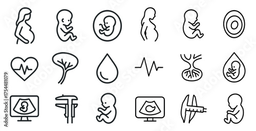 Pregnancy and maternity outline icons set – linear, health symbols and baby care