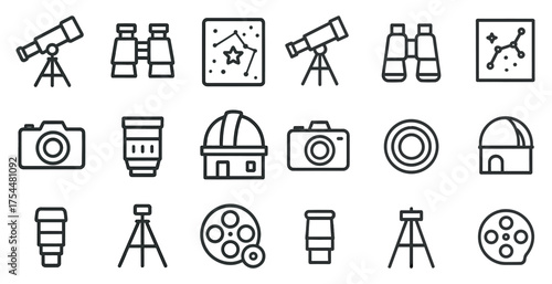 Astronomy and space outline icons set – telescope, stargazing, celestial symbols