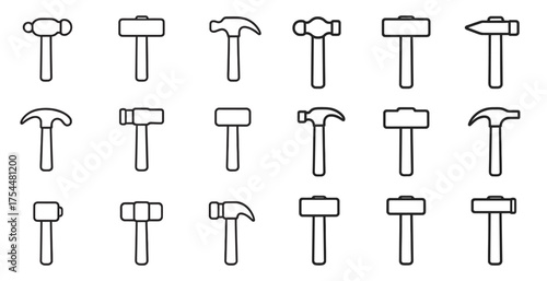 Construction tools outline icons set – linear, hammer, building equipment graphics