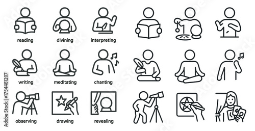 Psychic abilities outline icons set – divination, meditation, spiritual symbols