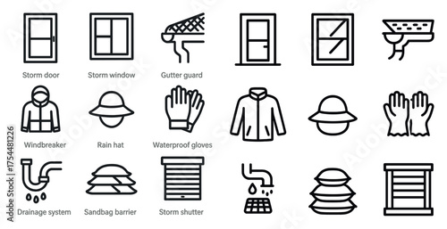 Home weather protection outline icons set – linear, flat, storm safety symbols