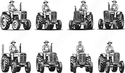Ford tractor models, vintage farming vehicle illustrations, black and white farmer silhouettes, agricultural machinery front views, retro rural transport vector set