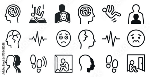 Mental health outline icons set – linear, line, psychology and wellness symbols