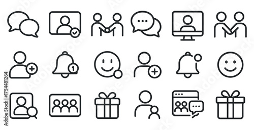 Communication and networking icons set – outline, linear, messaging and contact symbols