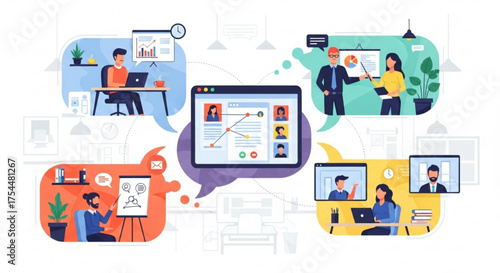 Online meeting concept with business people talking about work in video conference remote working and studying, distance learning and education