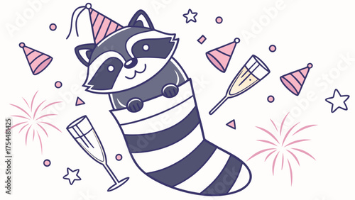 Cute Curious Raccoon, accessorized with snuggled in a sock, in a New Year celebration world – Midnight Sparkle palette vector