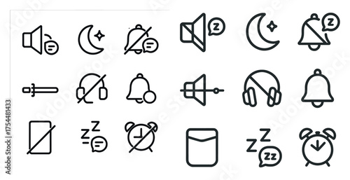 Audio and alert outline icons set – linear, notification, sound and alarm symbols