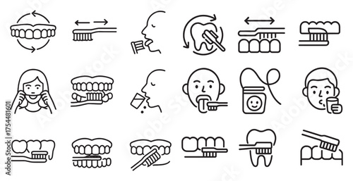 Dental hygiene outline icons set – teeth care, oral health, brushing symbols