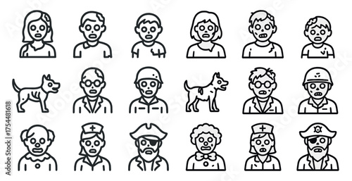Zombie apocalypse outline icons set – linear, horror, survival symbols