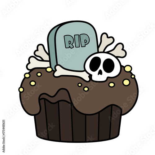 Biscuit cake with Halloween tombstone with cartoon skull and crossbones decoration on white background