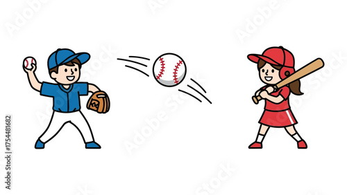 Baseball Game in Action: A dynamic illustration captures a young batter's anticipation as a pitcher winds up to deliver the baseball in an exciting baseball match.