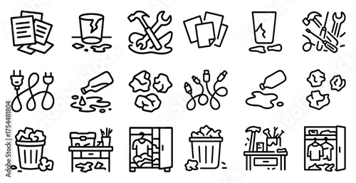 Repair and cleanup outline icons set – maintenance, tools, sustainability symbols