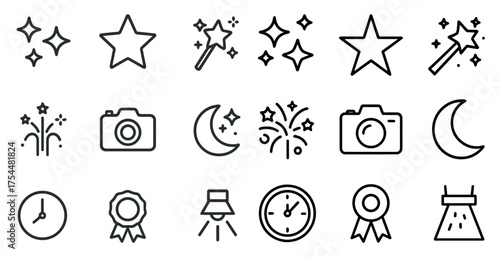 Magic and photography outline icons set – camera, celestial, fairy tale symbols