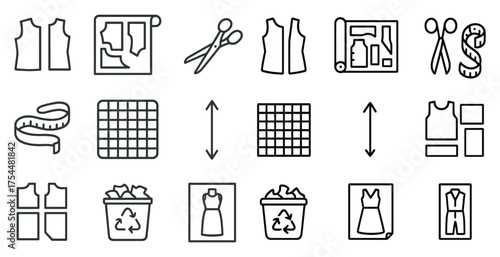Fashion design outline icons set – clothing, sewing, garment creation symbols