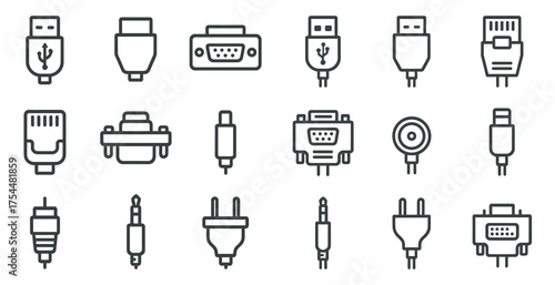 Technology and connectivity outline icons set – line, cable, device symbols