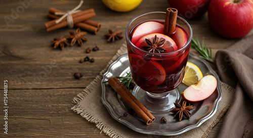 Fototapeta Naklejka Na Ścianę i Meble -  A winter drink with apples, pomegranates, cinnamon sticks, and star anise on a wooden table.