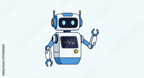 Cute robot waving its hand cartoon character with antenna and screen showing heartbeat modern technology and artificial intelligence