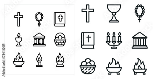 Christian religion outline icons set – cross, bible, faith-based symbols