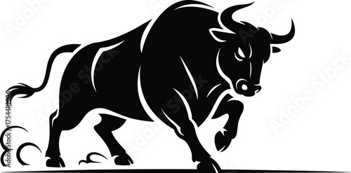 Charging bull silhouette illustration, black and white power symbol, aggressive motion graphic, financial market icon, strength and determination artwork