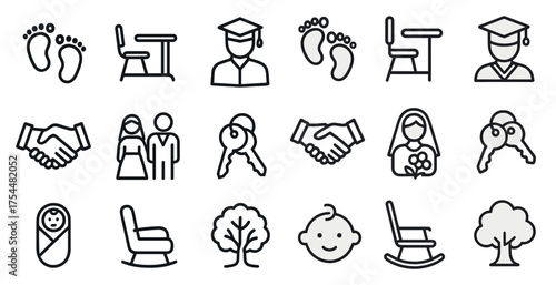 Education and family outline icons set – linear, school, graduation, parenting symbols