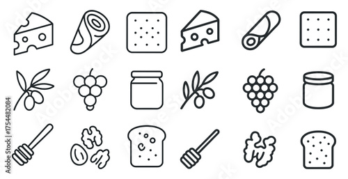 Food and snacks outline icons set – linear, elegant, culinary and gourmet symbols