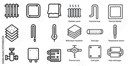 Heating and thermal linear icons set – outline, temperature, insulation symbols