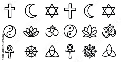 Spirituality and faith icons set – outline, linear, religious and meditation symbols