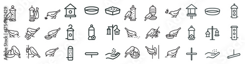 Bird feeding linear icons set – outline, nature, wildlife and outdoor symbols