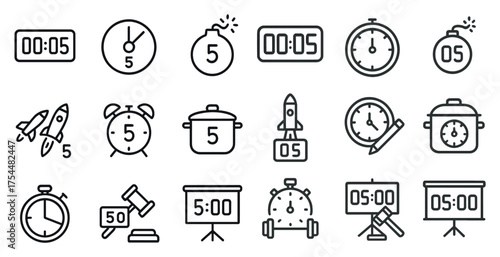 Timer and stopwatch outline icons set – clock, countdown, measurement symbols