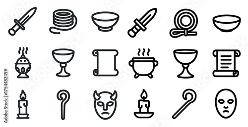 Adventure and myth line icons set – outline, fantasy, mythical symbols