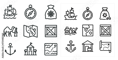 Adventure and navigation outline icons set – map, compass, voyage symbols