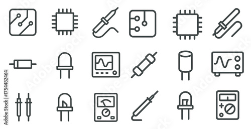 Electronics and circuit line icons set – silhouette, schematic, tech symbols