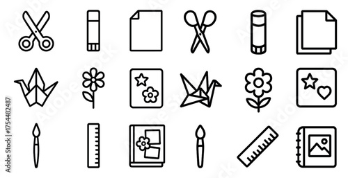 Craft and art outline icons set – linear, sketch, creativity and diy symbols
