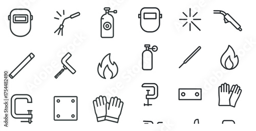 Welding tools outline icons set – linear, safety, industrial and metalwork symbols