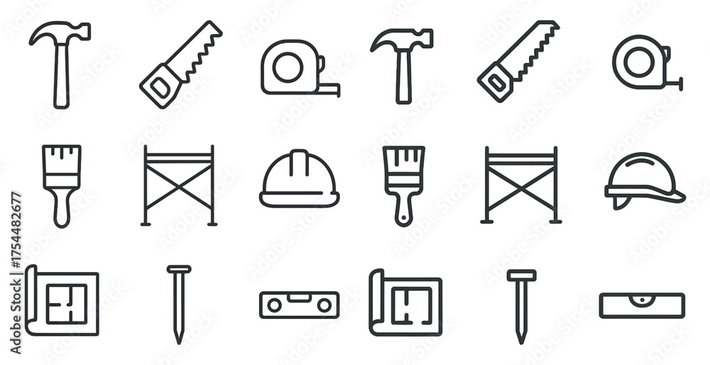 Obraz premium Construction tools outline icons set – linear, blueprint, building essentials