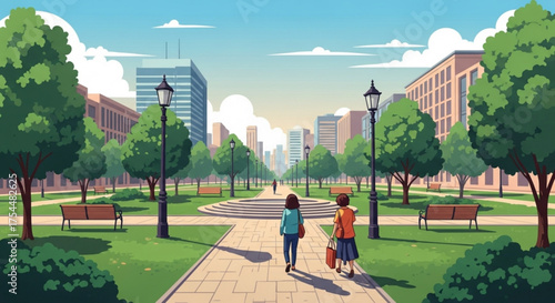 People walking in the park with green trees and buildings in the background, illustration of urban green space and recreation area in the city