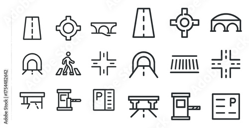 Road and infrastructure line icons set – outline, linear, traffic and city symbols