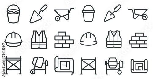 Construction and tools outline icons set – linear, building, engineering symbols