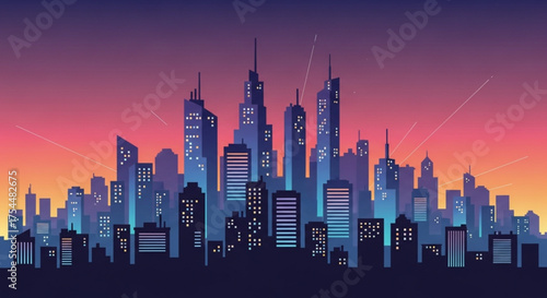 Vibrant cityscape silhouette at sunset, showcasing a modern urban skyline with illuminated buildings and a colorful sky, creating a dynamic and stylized illustration